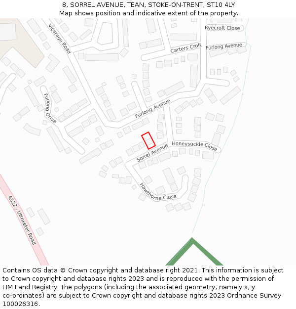 8, SORREL AVENUE, TEAN, STOKE-ON-TRENT, ST10 4LY: Location map and indicative extent of plot