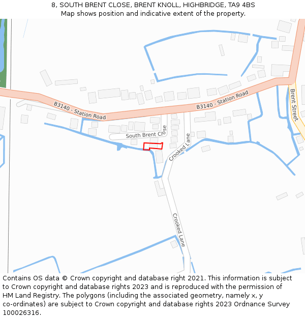 8, SOUTH BRENT CLOSE, BRENT KNOLL, HIGHBRIDGE, TA9 4BS: Location map and indicative extent of plot