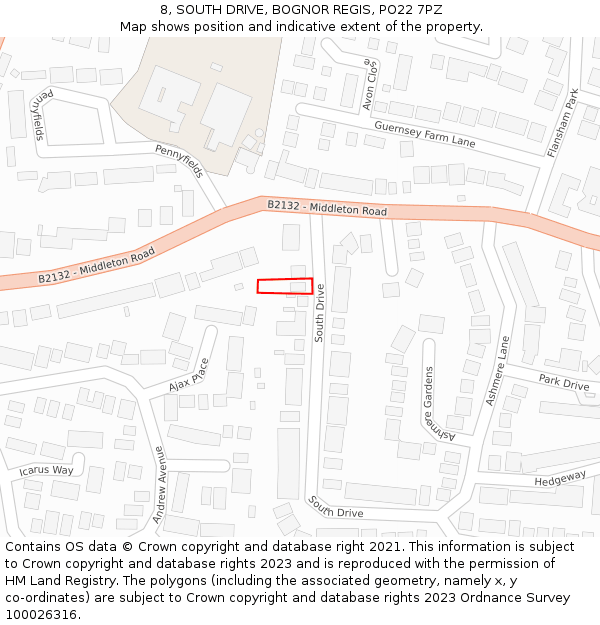 8, SOUTH DRIVE, BOGNOR REGIS, PO22 7PZ: Location map and indicative extent of plot