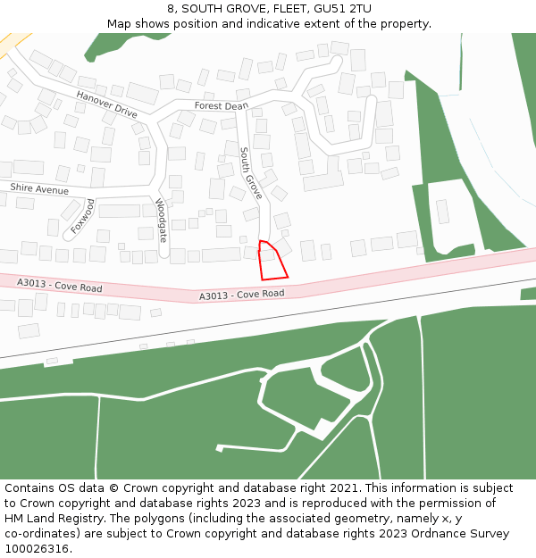 8, SOUTH GROVE, FLEET, GU51 2TU: Location map and indicative extent of plot