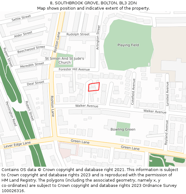 8, SOUTHBROOK GROVE, BOLTON, BL3 2DN: Location map and indicative extent of plot