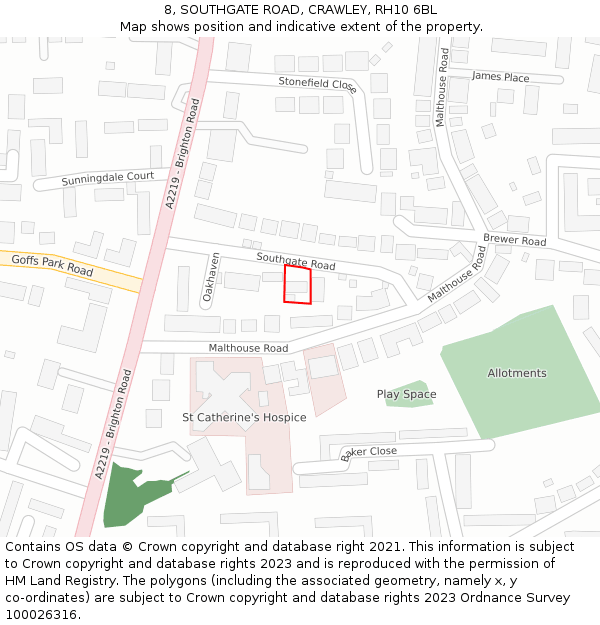 8, SOUTHGATE ROAD, CRAWLEY, RH10 6BL: Location map and indicative extent of plot