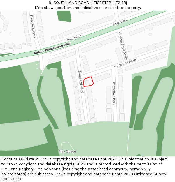 8, SOUTHLAND ROAD, LEICESTER, LE2 3RJ: Location map and indicative extent of plot