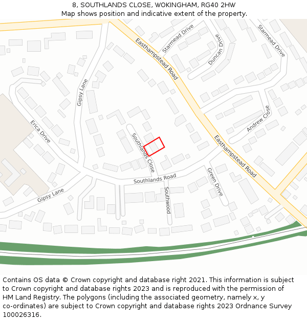 8, SOUTHLANDS CLOSE, WOKINGHAM, RG40 2HW: Location map and indicative extent of plot