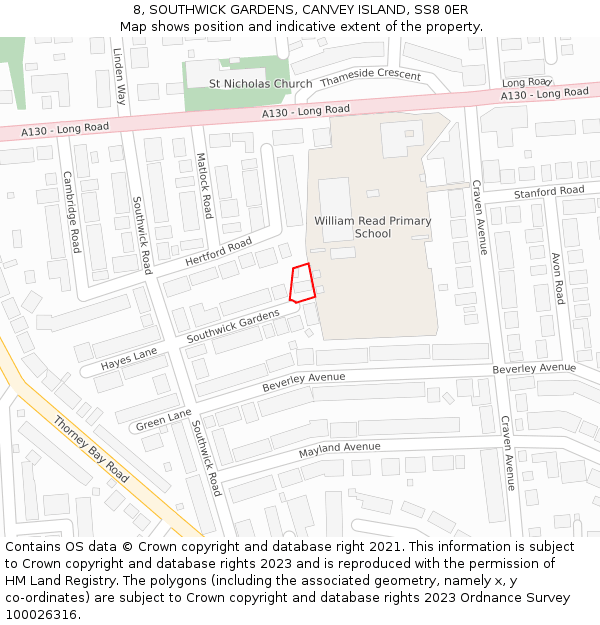 8, SOUTHWICK GARDENS, CANVEY ISLAND, SS8 0ER: Location map and indicative extent of plot