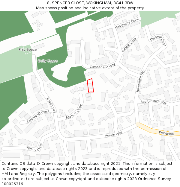 8, SPENCER CLOSE, WOKINGHAM, RG41 3BW: Location map and indicative extent of plot