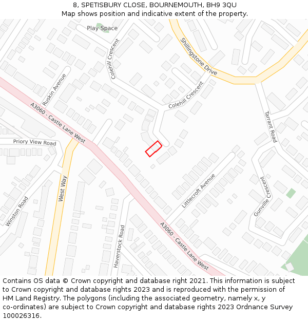 8, SPETISBURY CLOSE, BOURNEMOUTH, BH9 3QU: Location map and indicative extent of plot