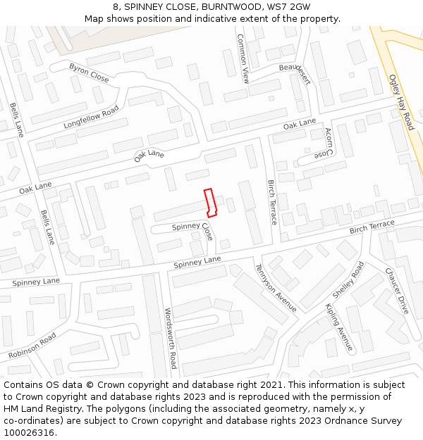 8, SPINNEY CLOSE, BURNTWOOD, WS7 2GW: Location map and indicative extent of plot