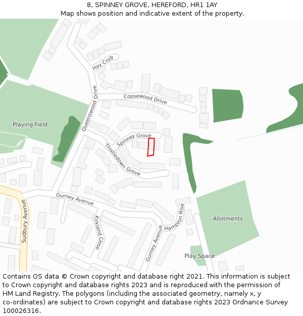 8, SPINNEY GROVE, HEREFORD, HR1 1AY: Location map and indicative extent of plot
