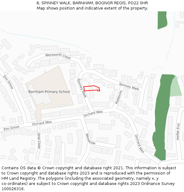 8, SPINNEY WALK, BARNHAM, BOGNOR REGIS, PO22 0HR: Location map and indicative extent of plot