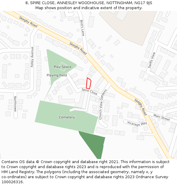 8, SPIRE CLOSE, ANNESLEY WOODHOUSE, NOTTINGHAM, NG17 9JS: Location map and indicative extent of plot