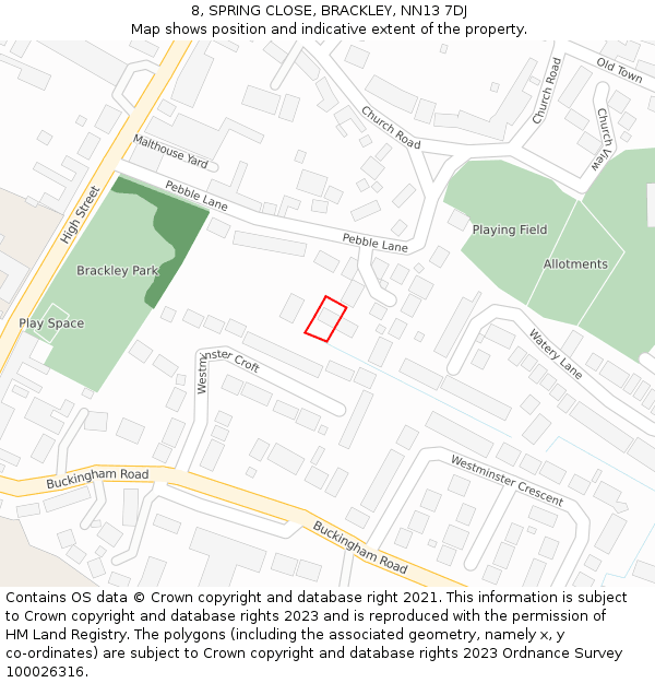 8, SPRING CLOSE, BRACKLEY, NN13 7DJ: Location map and indicative extent of plot