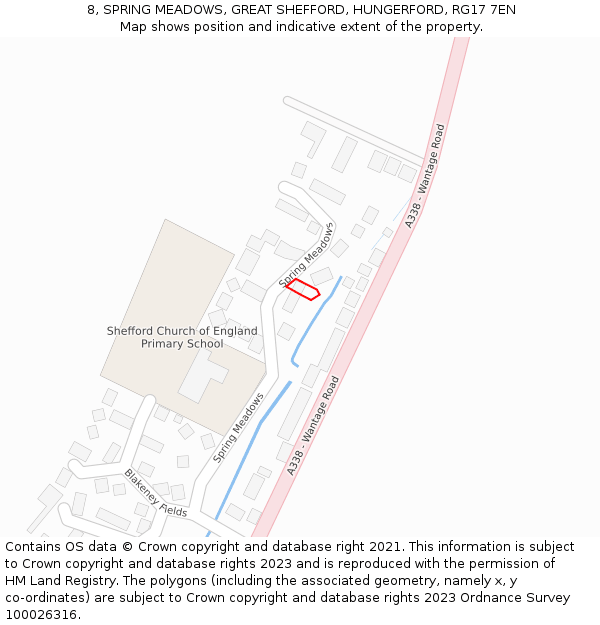 8, SPRING MEADOWS, GREAT SHEFFORD, HUNGERFORD, RG17 7EN: Location map and indicative extent of plot