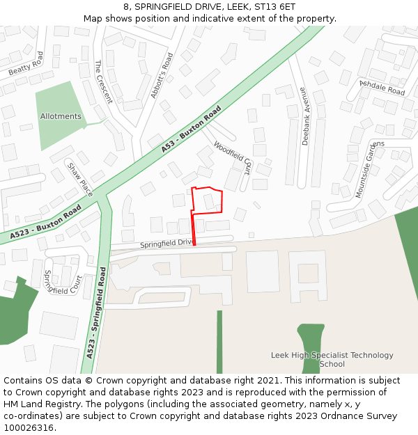 8, SPRINGFIELD DRIVE, LEEK, ST13 6ET: Location map and indicative extent of plot