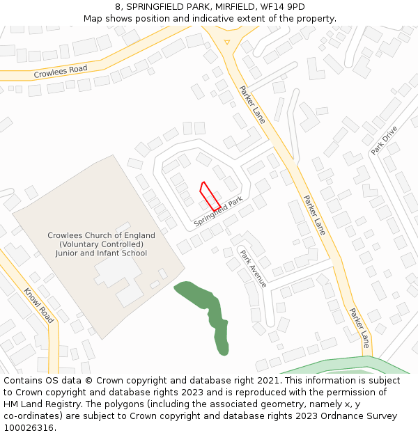 8, SPRINGFIELD PARK, MIRFIELD, WF14 9PD: Location map and indicative extent of plot