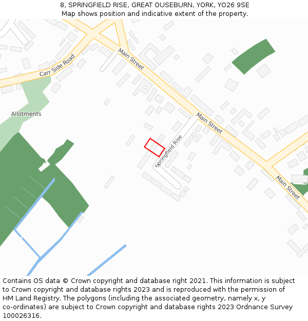 8, SPRINGFIELD RISE, GREAT OUSEBURN, YORK, YO26 9SE: Location map and indicative extent of plot