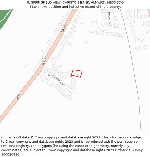 8, SPRINGFIELD VIEW, CHRISTON BANK, ALNWICK, NE66 3DQ: Location map and indicative extent of plot