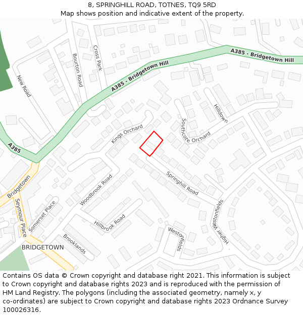 8, SPRINGHILL ROAD, TOTNES, TQ9 5RD: Location map and indicative extent of plot