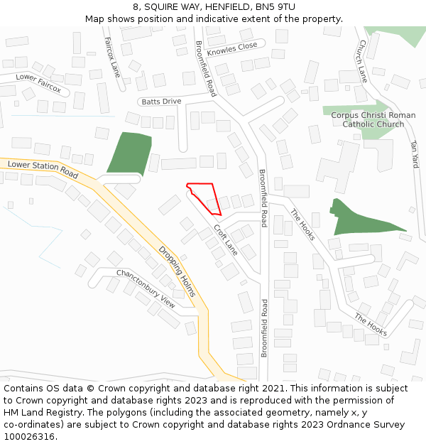 8, SQUIRE WAY, HENFIELD, BN5 9TU: Location map and indicative extent of plot