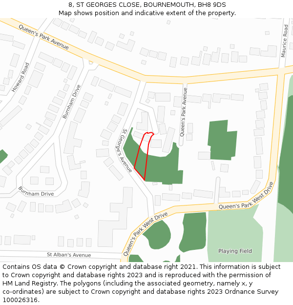 8, ST GEORGES CLOSE, BOURNEMOUTH, BH8 9DS: Location map and indicative extent of plot