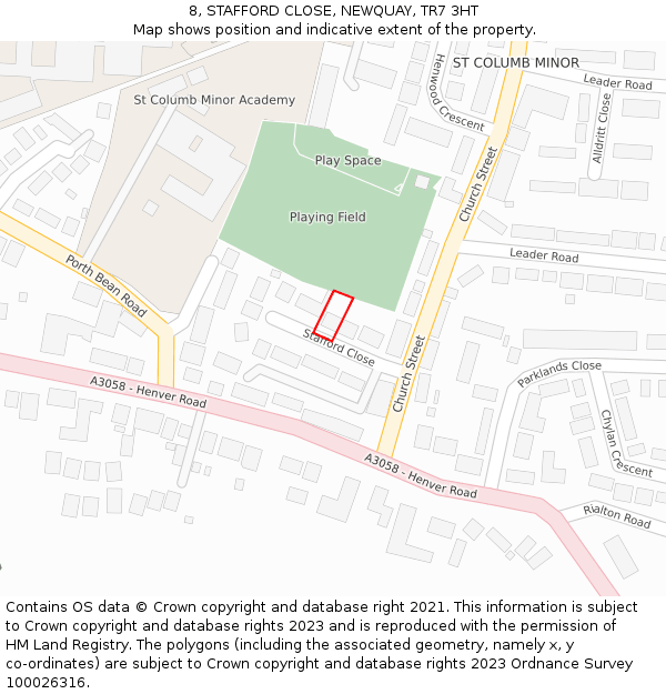 8, STAFFORD CLOSE, NEWQUAY, TR7 3HT: Location map and indicative extent of plot