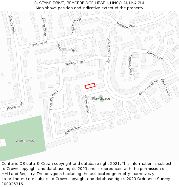 8, STANE DRIVE, BRACEBRIDGE HEATH, LINCOLN, LN4 2UL: Location map and indicative extent of plot