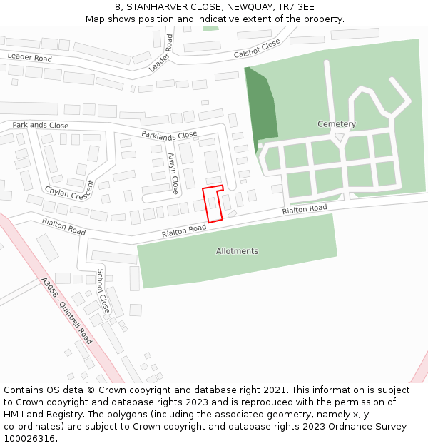 8, STANHARVER CLOSE, NEWQUAY, TR7 3EE: Location map and indicative extent of plot
