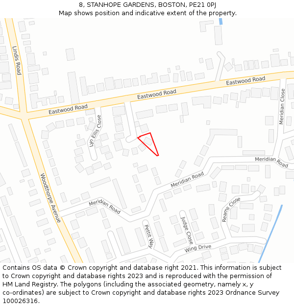 8, STANHOPE GARDENS, BOSTON, PE21 0PJ: Location map and indicative extent of plot