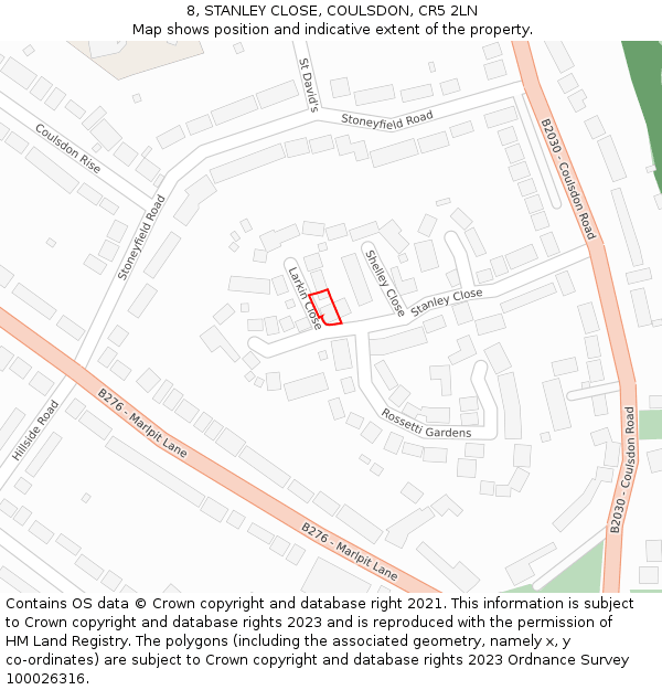 8, STANLEY CLOSE, COULSDON, CR5 2LN: Location map and indicative extent of plot