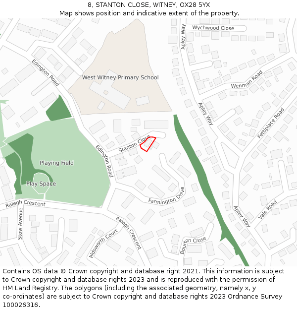 8, STANTON CLOSE, WITNEY, OX28 5YX: Location map and indicative extent of plot