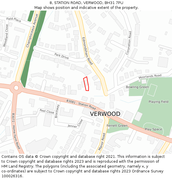 8, STATION ROAD, VERWOOD, BH31 7PU: Location map and indicative extent of plot