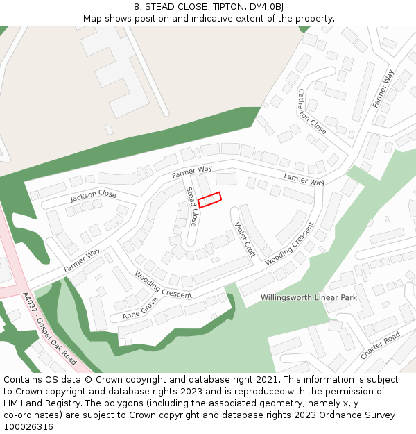 8, STEAD CLOSE, TIPTON, DY4 0BJ: Location map and indicative extent of plot