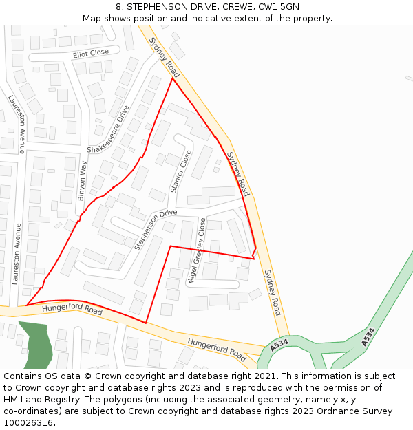 8, STEPHENSON DRIVE, CREWE, CW1 5GN: Location map and indicative extent of plot