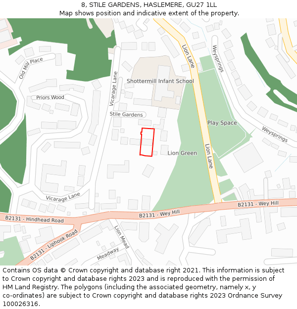 8, STILE GARDENS, HASLEMERE, GU27 1LL: Location map and indicative extent of plot