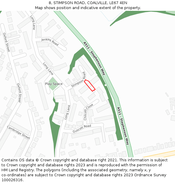 8, STIMPSON ROAD, COALVILLE, LE67 4EN: Location map and indicative extent of plot