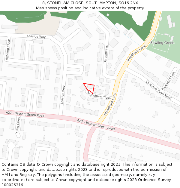 8, STONEHAM CLOSE, SOUTHAMPTON, SO16 2NX: Location map and indicative extent of plot