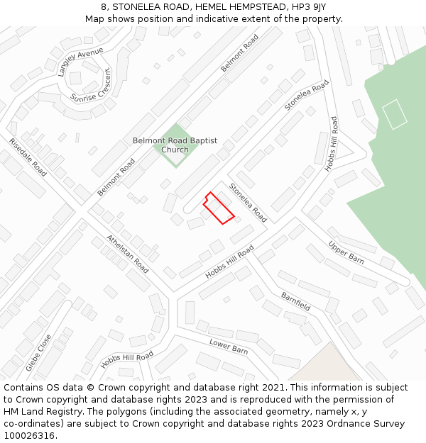8, STONELEA ROAD, HEMEL HEMPSTEAD, HP3 9JY: Location map and indicative extent of plot