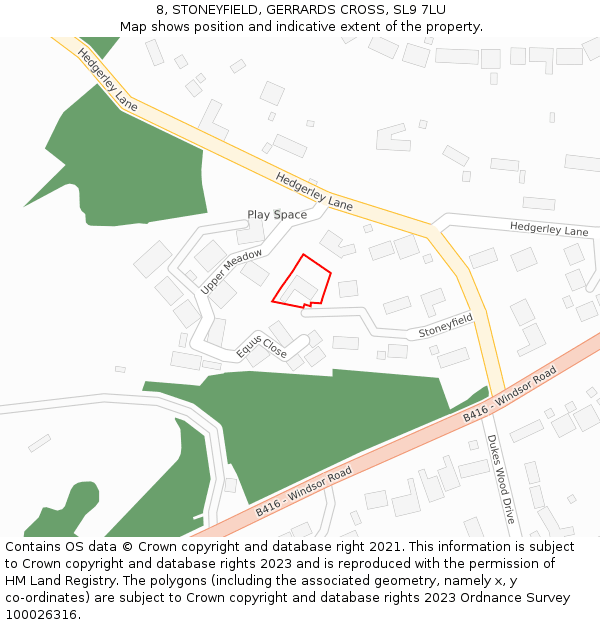 8, STONEYFIELD, GERRARDS CROSS, SL9 7LU: Location map and indicative extent of plot