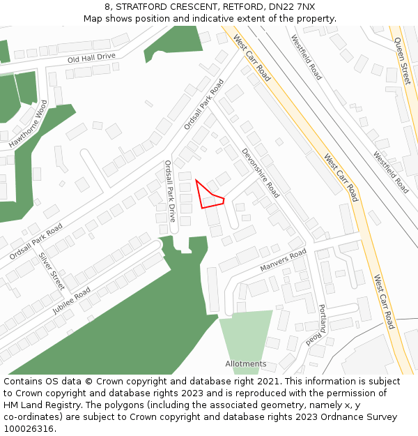 8, STRATFORD CRESCENT, RETFORD, DN22 7NX: Location map and indicative extent of plot