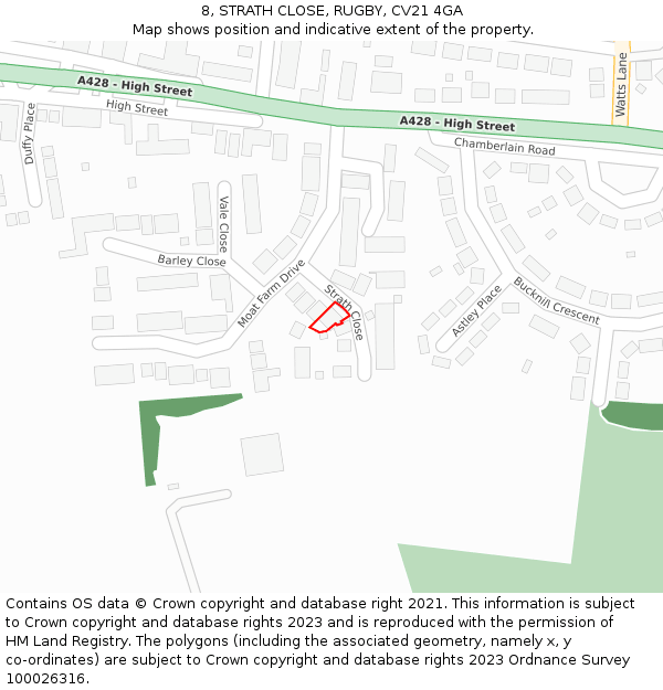 8, STRATH CLOSE, RUGBY, CV21 4GA: Location map and indicative extent of plot