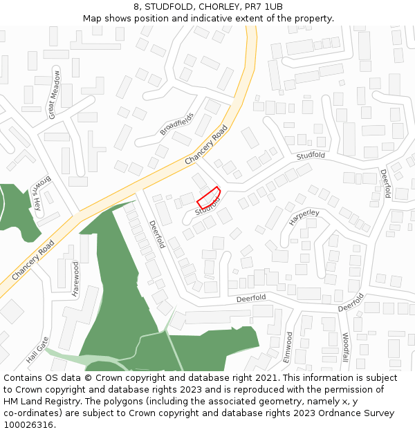 8, STUDFOLD, CHORLEY, PR7 1UB: Location map and indicative extent of plot