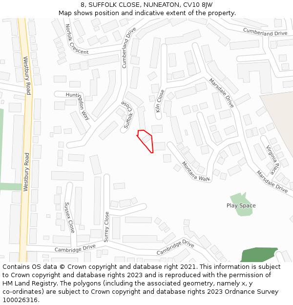 8, SUFFOLK CLOSE, NUNEATON, CV10 8JW: Location map and indicative extent of plot