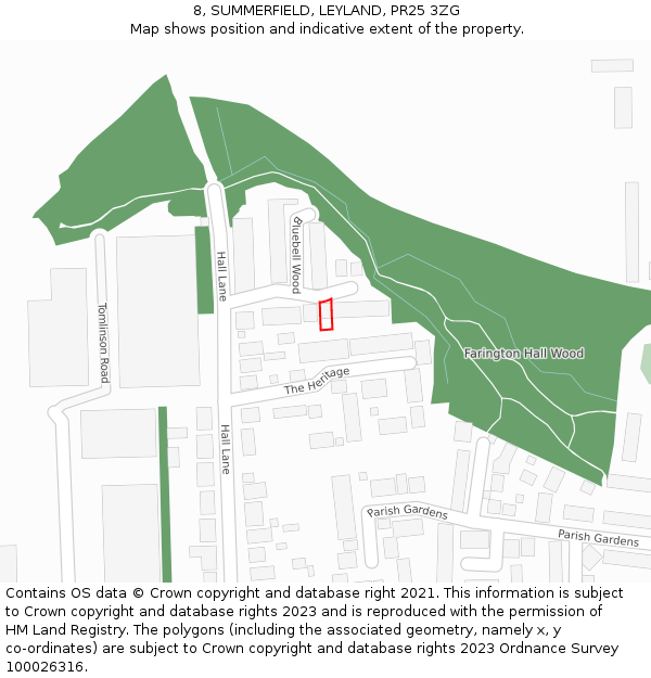 8, SUMMERFIELD, LEYLAND, PR25 3ZG: Location map and indicative extent of plot