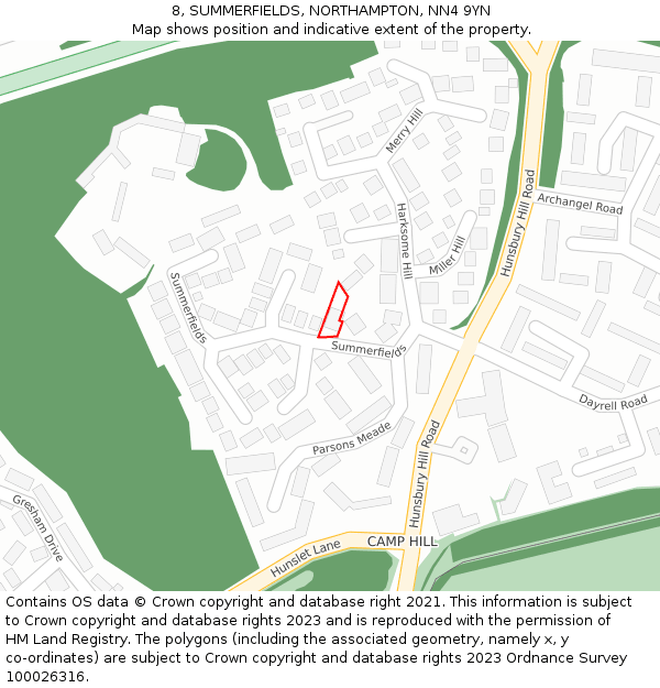 8, SUMMERFIELDS, NORTHAMPTON, NN4 9YN: Location map and indicative extent of plot
