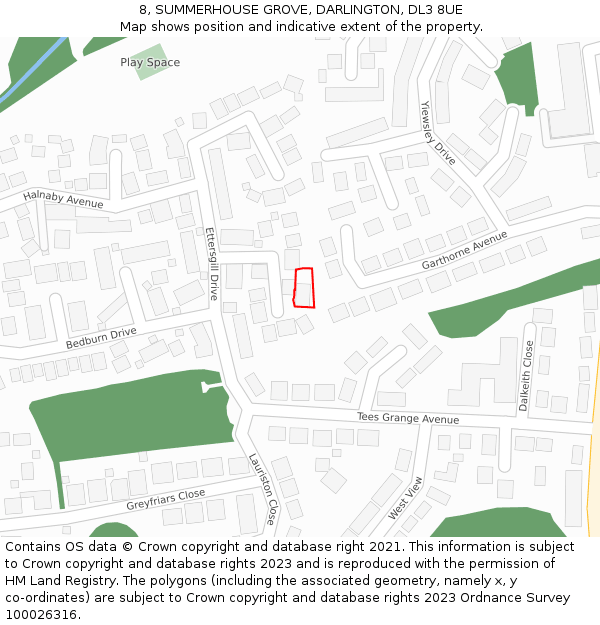 8, SUMMERHOUSE GROVE, DARLINGTON, DL3 8UE: Location map and indicative extent of plot