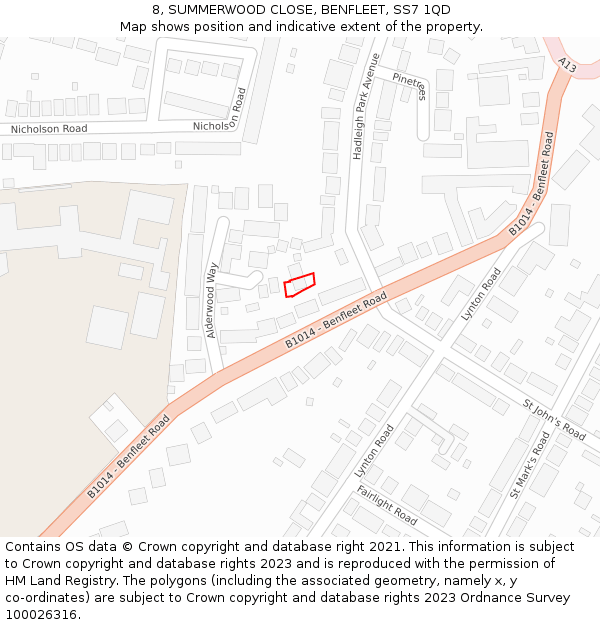 8, SUMMERWOOD CLOSE, BENFLEET, SS7 1QD: Location map and indicative extent of plot