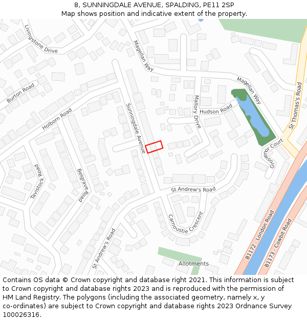 8, SUNNINGDALE AVENUE, SPALDING, PE11 2SP: Location map and indicative extent of plot