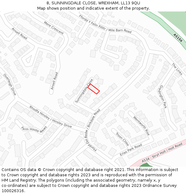 8, SUNNINGDALE CLOSE, WREXHAM, LL13 9QU: Location map and indicative extent of plot