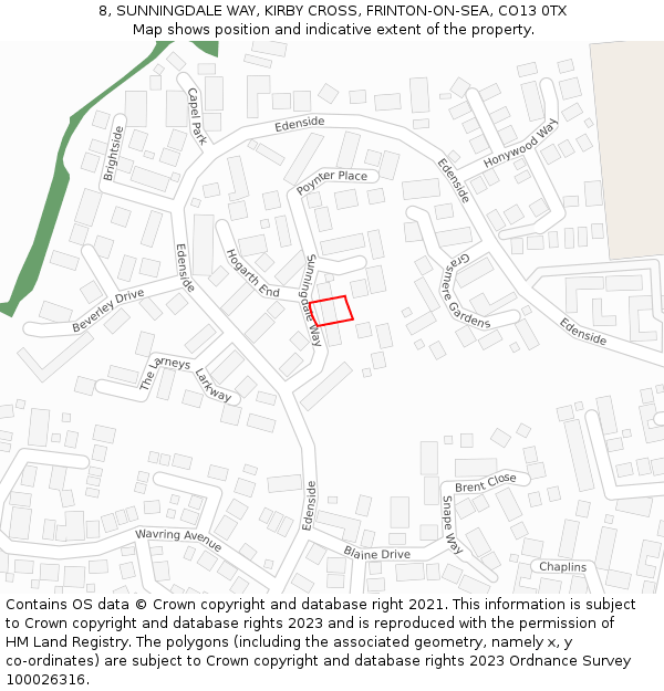 8, SUNNINGDALE WAY, KIRBY CROSS, FRINTON-ON-SEA, CO13 0TX: Location map and indicative extent of plot