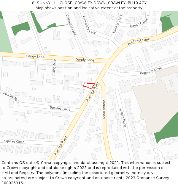 8, SUNNYHILL CLOSE, CRAWLEY DOWN, CRAWLEY, RH10 4GY: Location map and indicative extent of plot